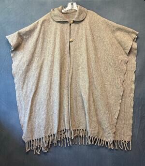 Vintage 1960s Wool Poncho Cape Coat Fringe Hem Tan Brown One Size Boho Western